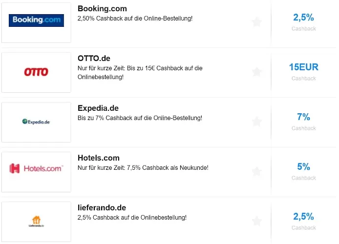 Liste mit DKB Cashback Partner und Shops